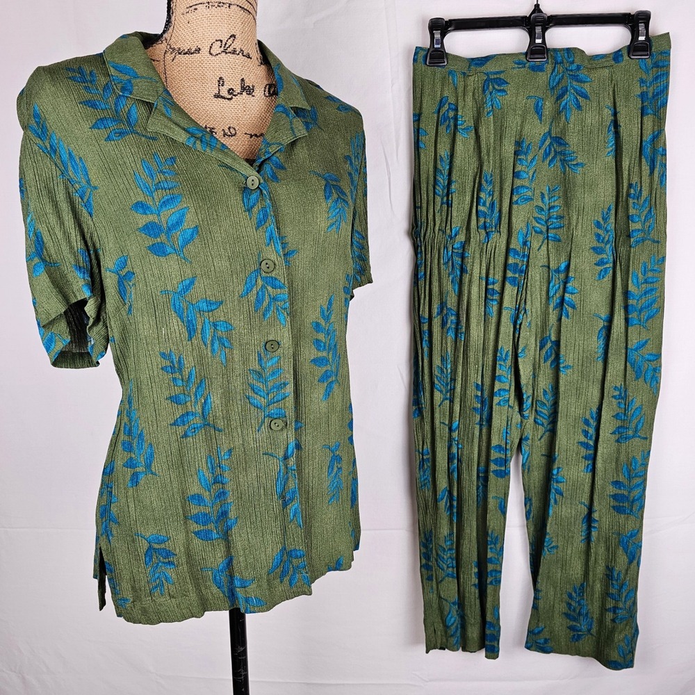 NORTON‎ MONAUGHTON Women Green Blue Leaf Print Rayon Button Up Shirt Pants Set L